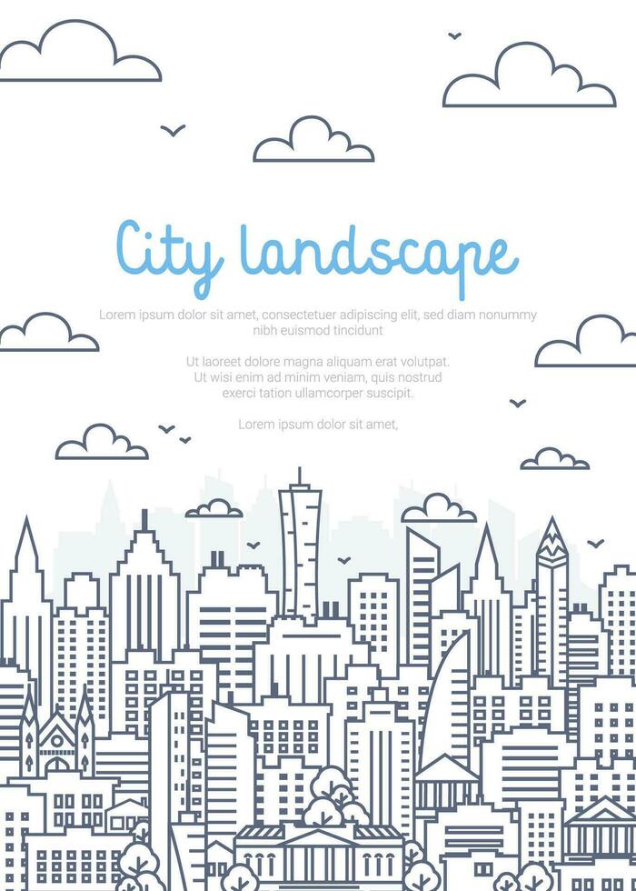 ciudad paisaje póster - urbano paisaje en lineal estilo en blanco antecedentes. Delgado línea vector ilustración.