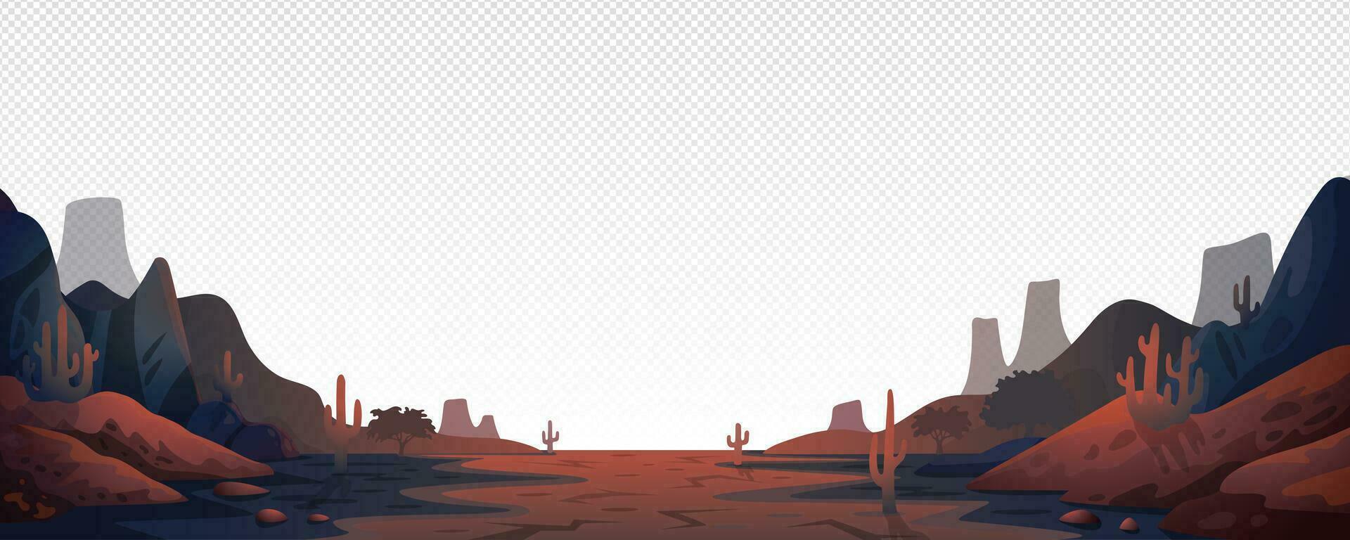 Canyon landscape background. Panoramic landscape with desert mountains on transparent background. Vector illustration in flat cartoon style.