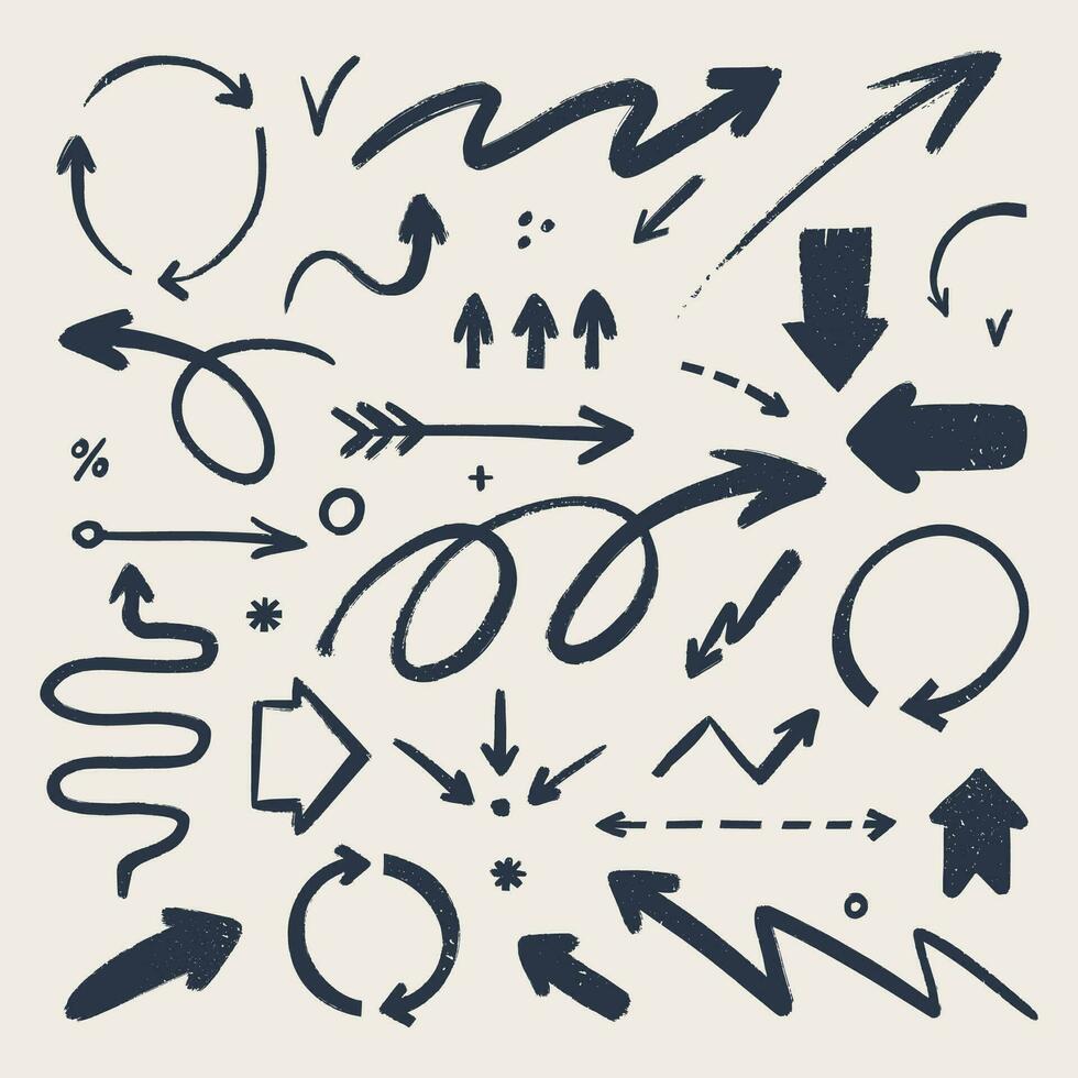 Abstract arrow icons set. Various doodle arrows in different shapes with grunge texture. Hand-drawn abstract infographic Vector collection.