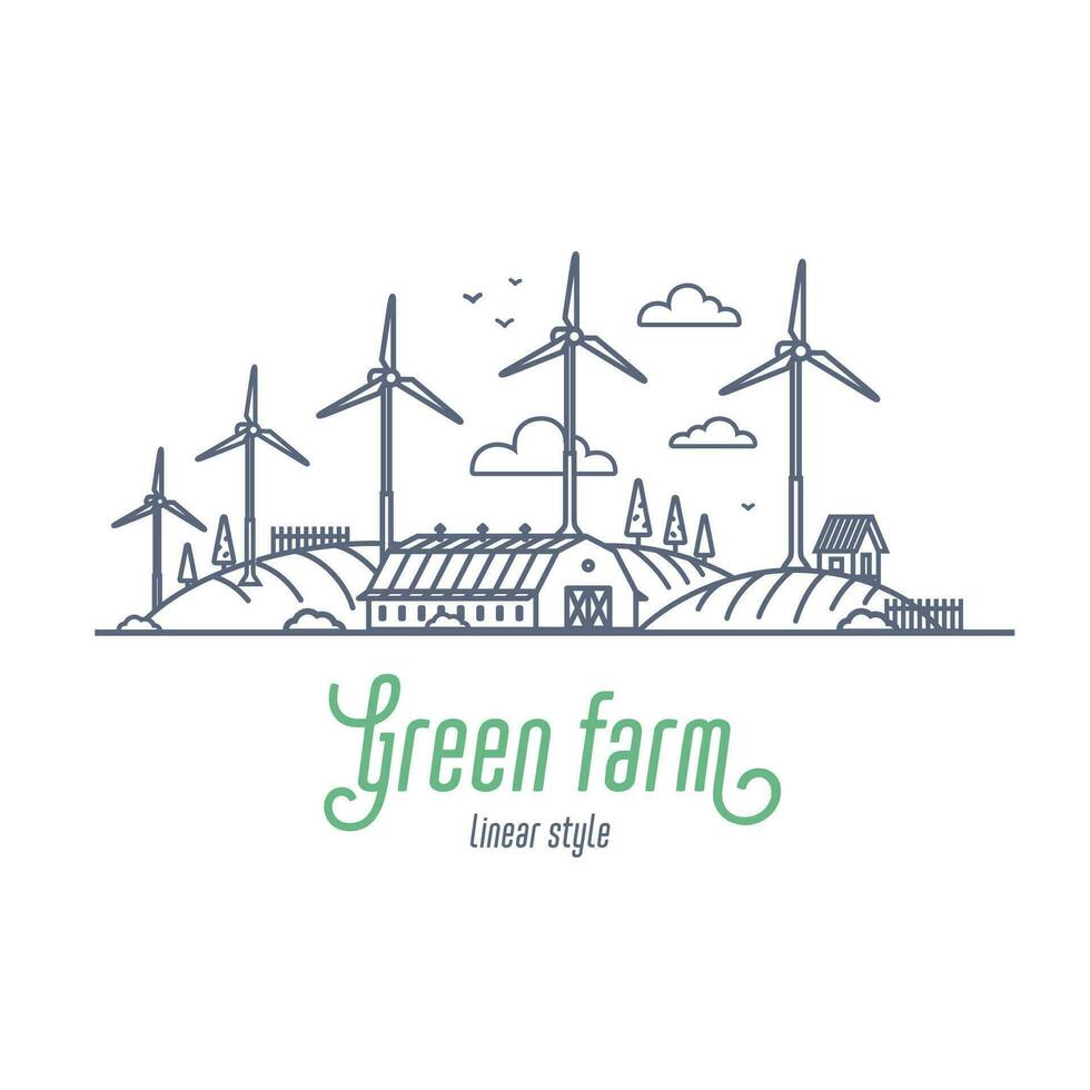 Green farm concept thin line vector illustration. Windmill energy as an alternative electricity resource. Outline style vector illustration on white background.