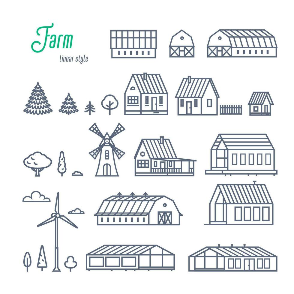 granja edificios y elementos íconos colocar. varios rural casas, invernaderos y de madera edificios contorno estilo vector ilustración en blanco antecedentes.