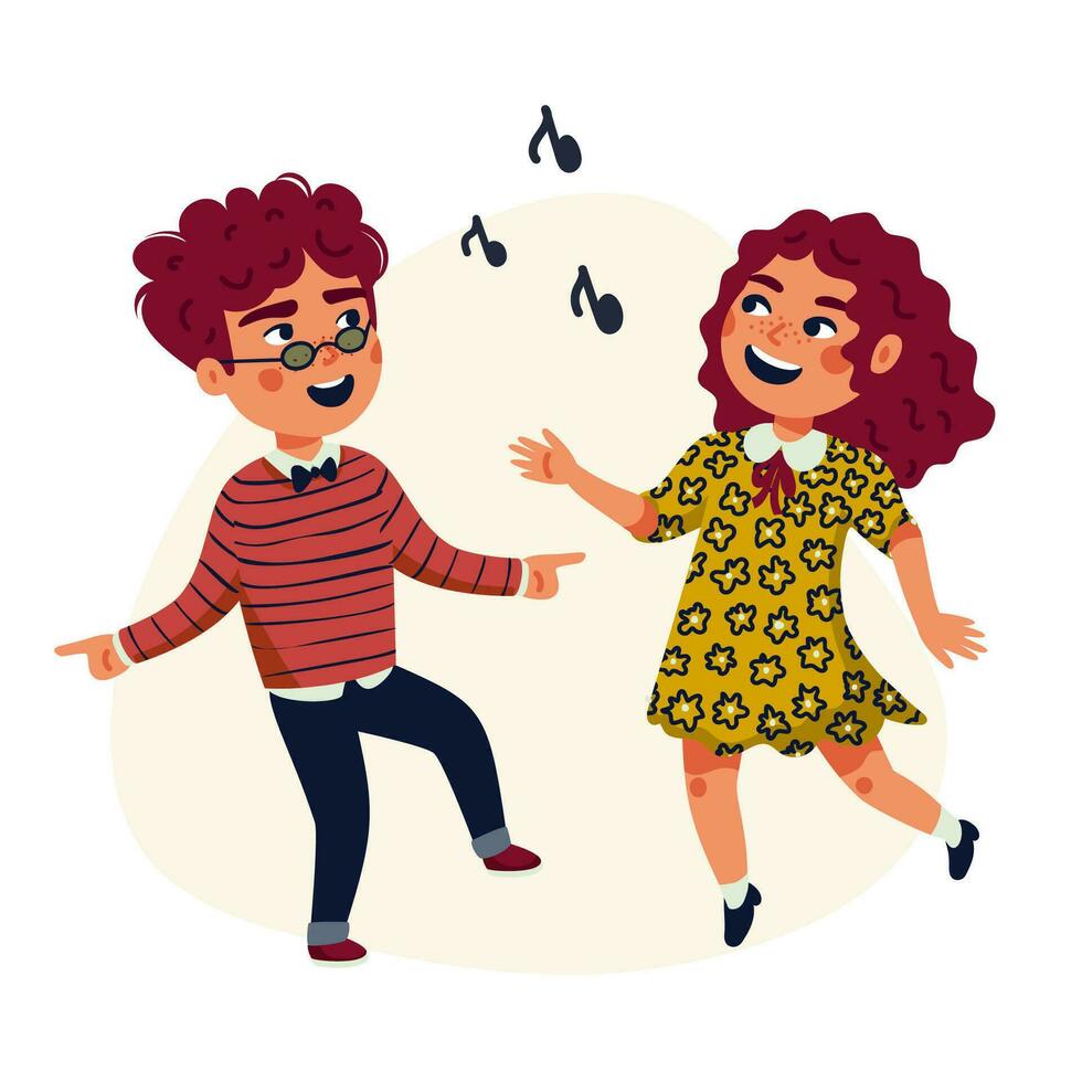 Dancing Kids, Cartoon vector illustration of happy Multicultural children. Flat style vector illustration.