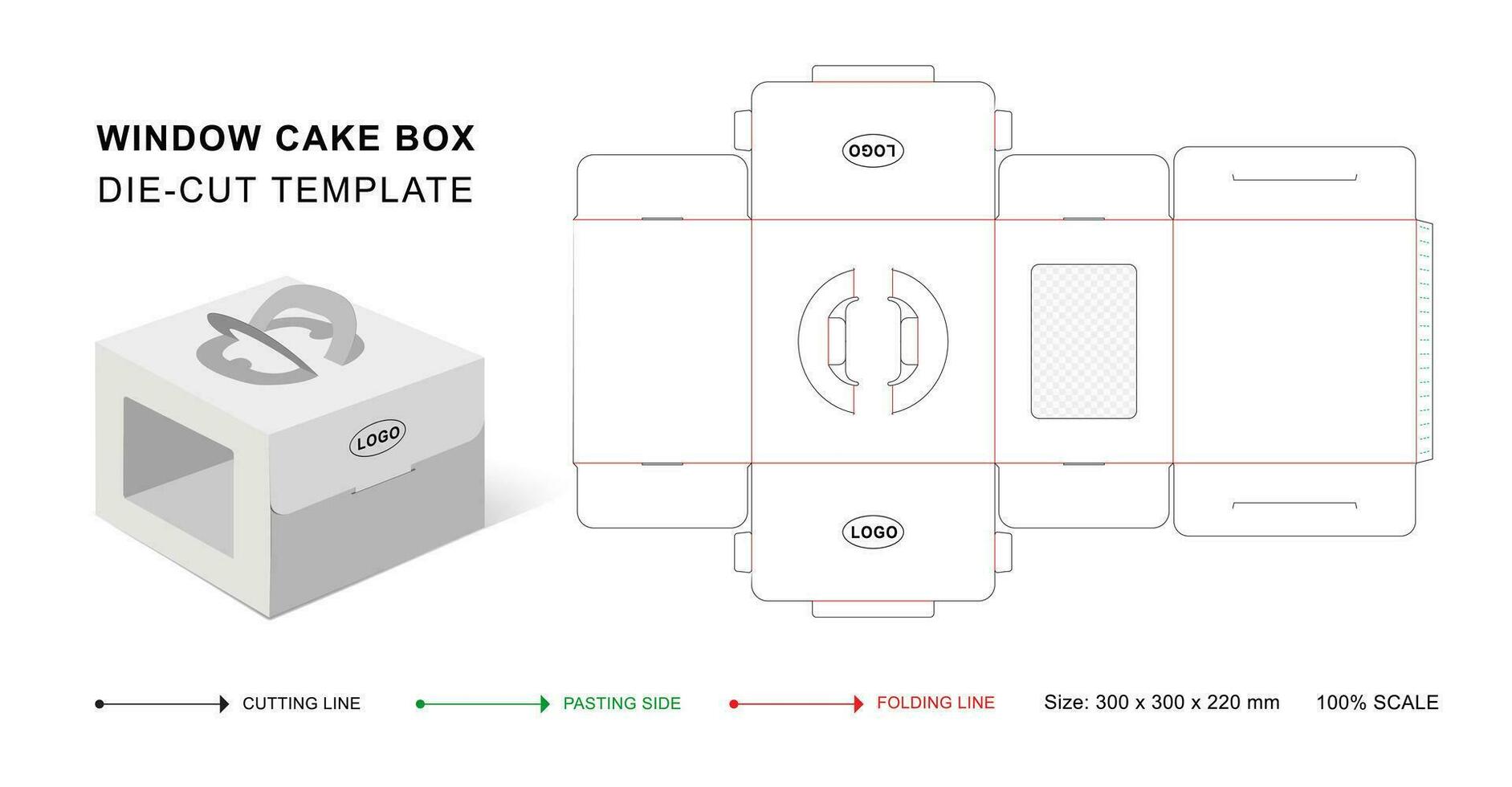 Cake box die cut template with window patching. packaging die cut template design. 3d mock-up vector