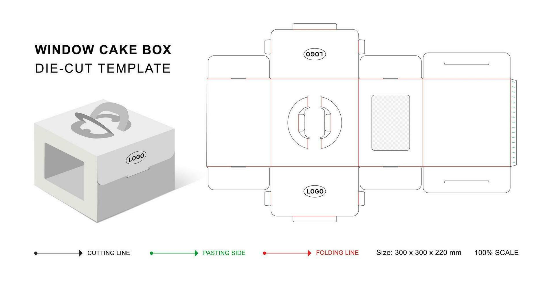 pastel caja morir cortar modelo con ventana remendar embalaje morir cortar modelo diseño. 3d Bosquejo vector