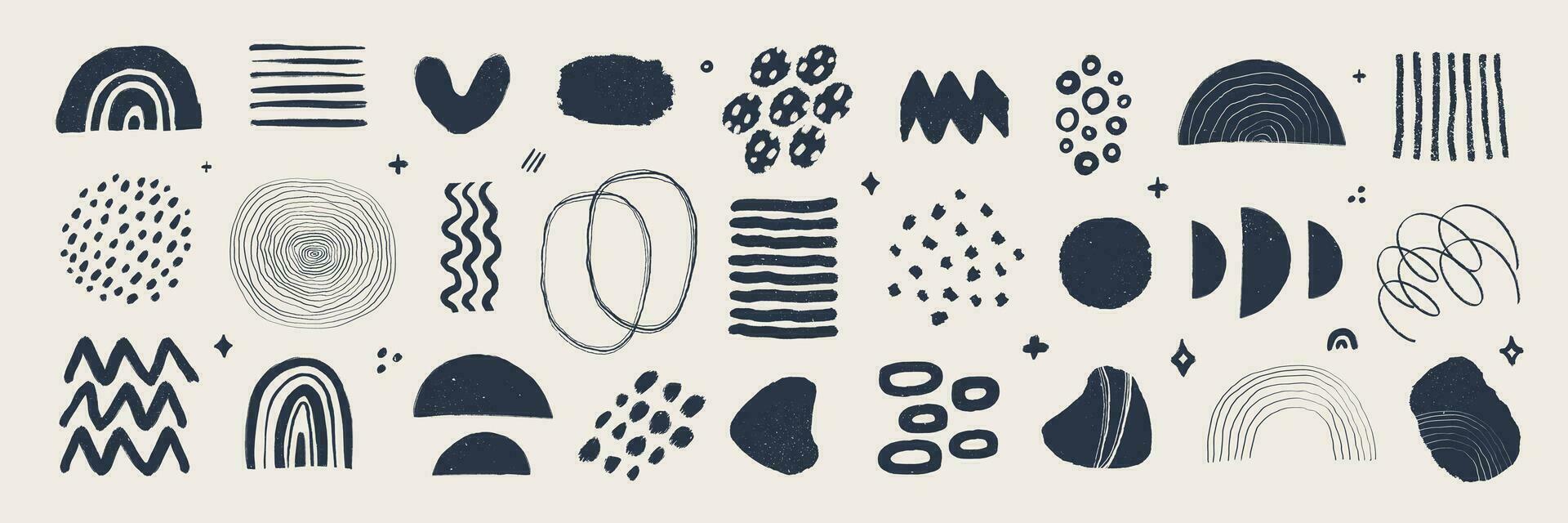 Abstract graphic art set. Various modern organic shapes and elements in vintage style with grunge texture. Hand-drawn abstract art Vector collection.