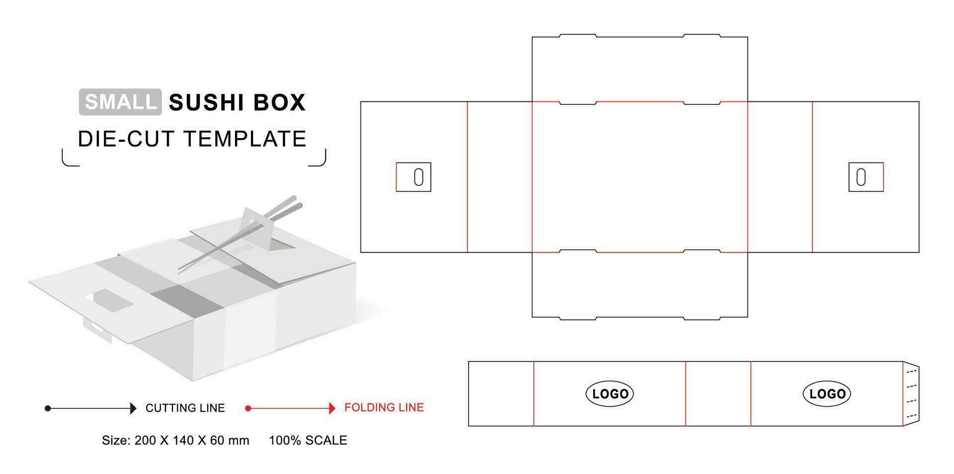 Sushi box die cut template, packaging die cut template, 3d box mockup vector