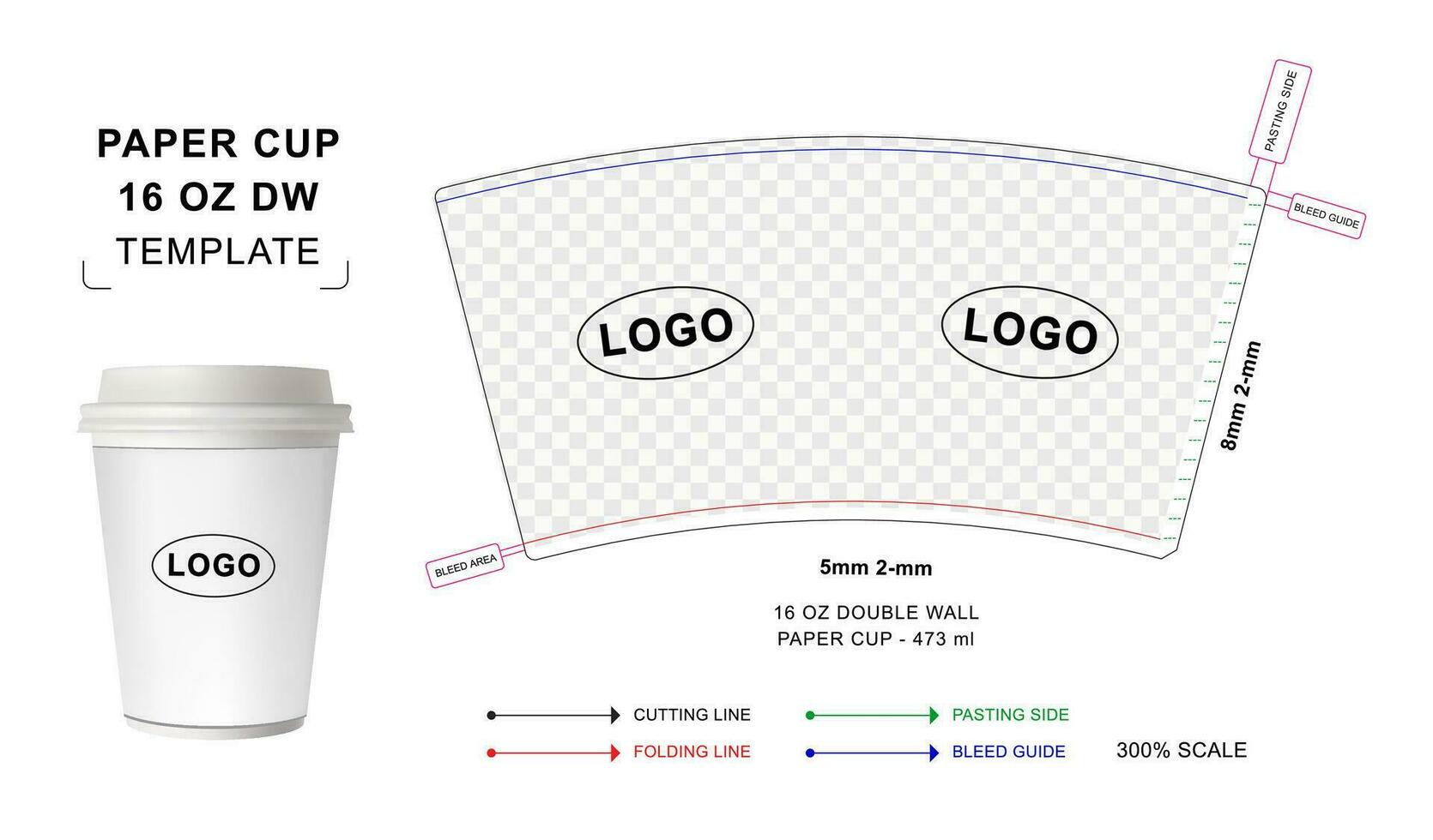 Paper cup die cut template for 16 oz Double Wall, Hot drink paper cup mockup, paper cup curved template vector