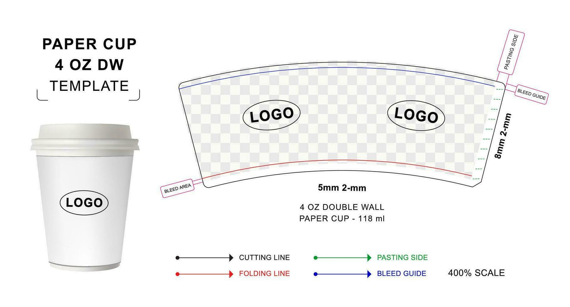 Paper cup die cut template for 4 oz Double Wall, Hot drink paper cup mockup, paper cup curved template vector
