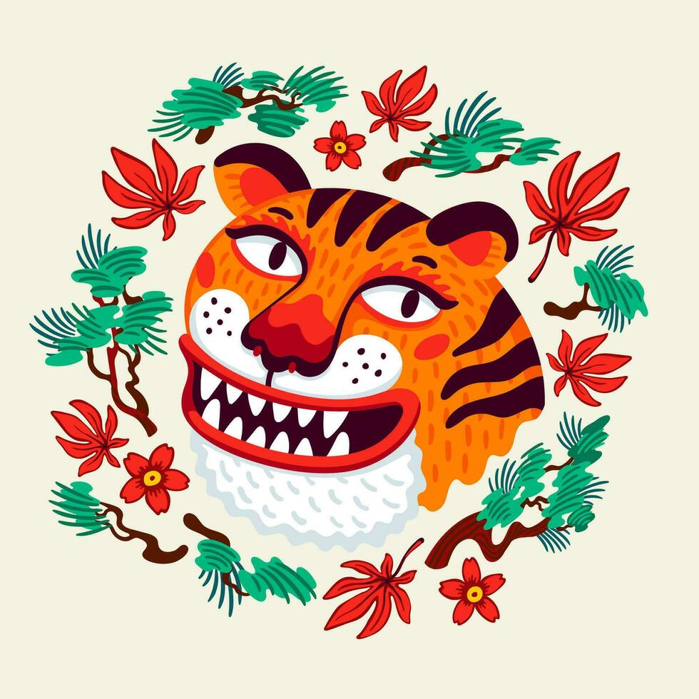 Tiger vector head, cartoon tiger funny face in Japanese maple leaves and pine branches wreath frame. Organic flat style vector illustration.