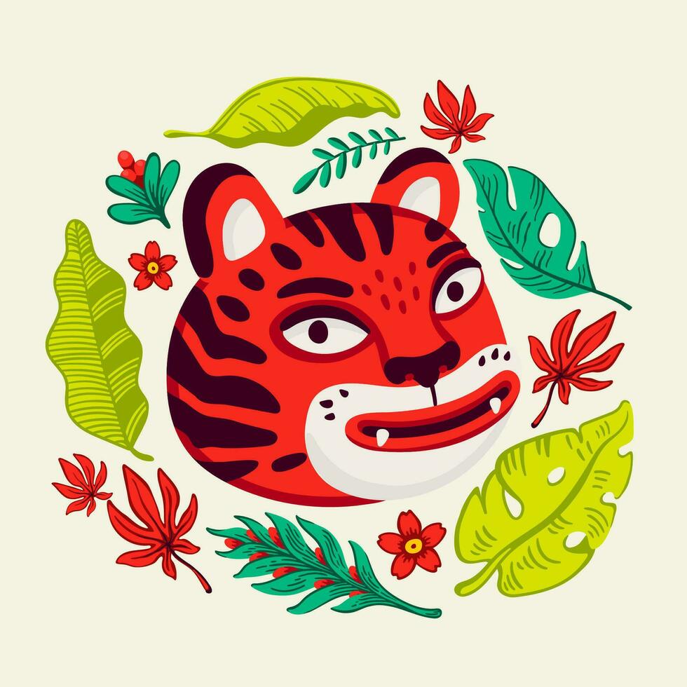 Tigre vector cabeza, dibujos animados Tigre gracioso cara en tropical flores y hojas guirnalda marco. orgánico plano estilo vector ilustración.