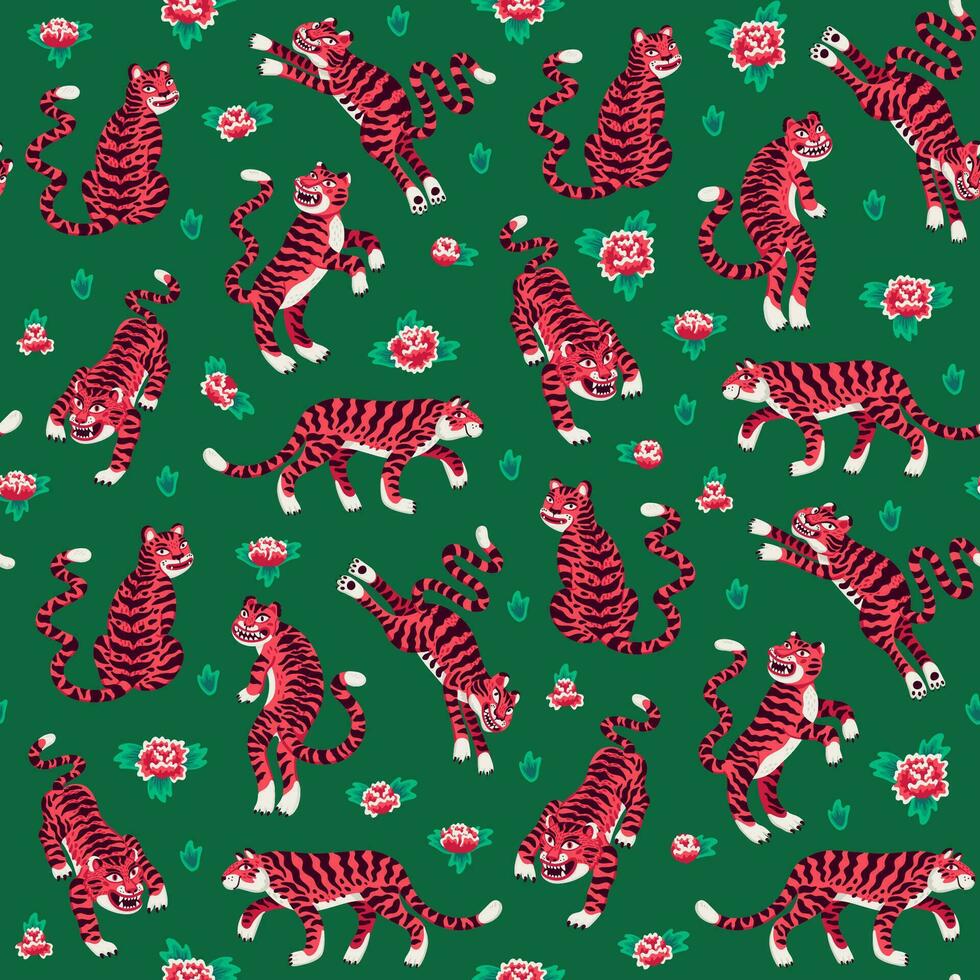 Tiger seamless pattern, vector animal print with cute tigers, and Chinese peonies. Organic flat style vector illustration.