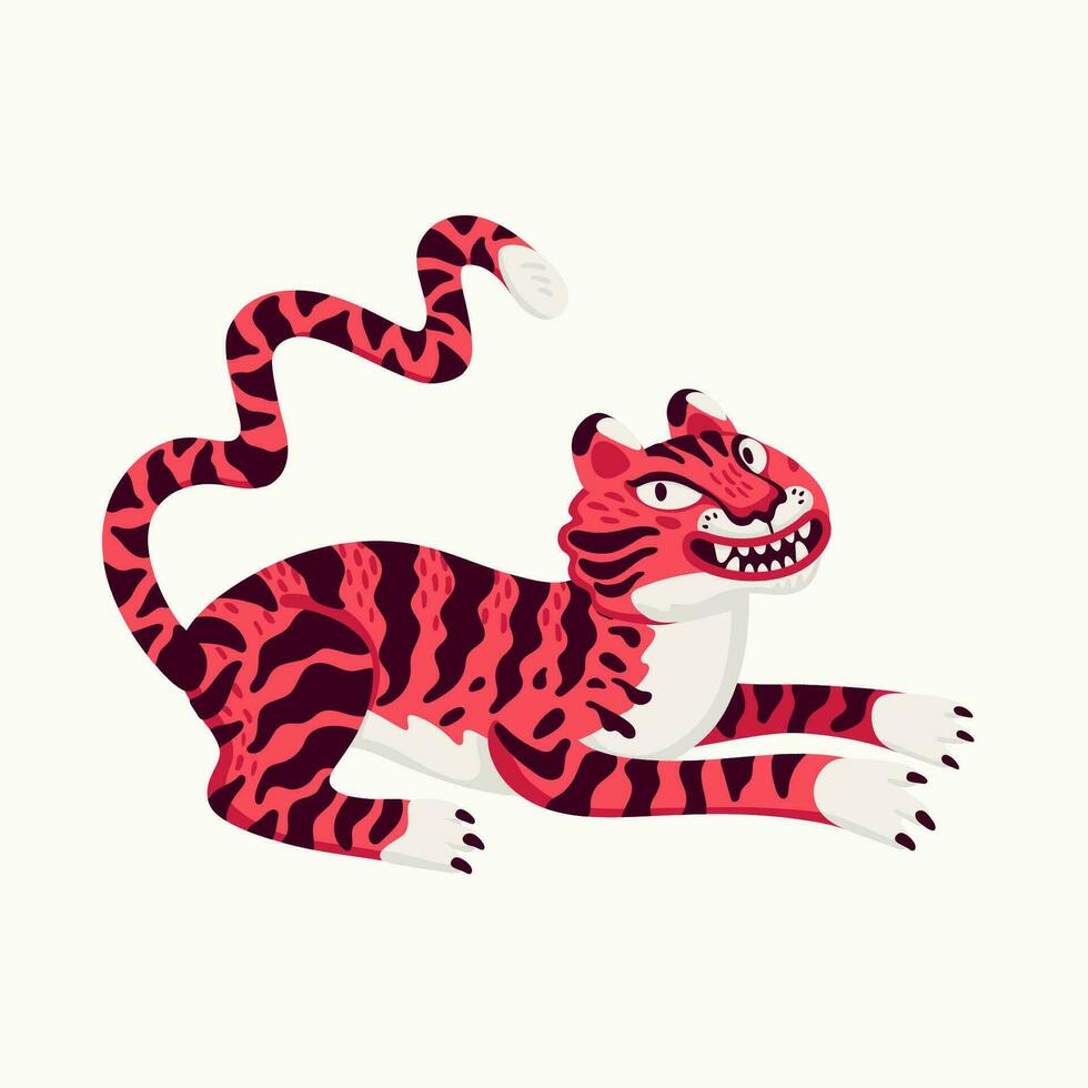 Tiger vector illustration, cartoon pink tiger - the symbol of Chinese new year. Organic flat style vector illustration on white background.