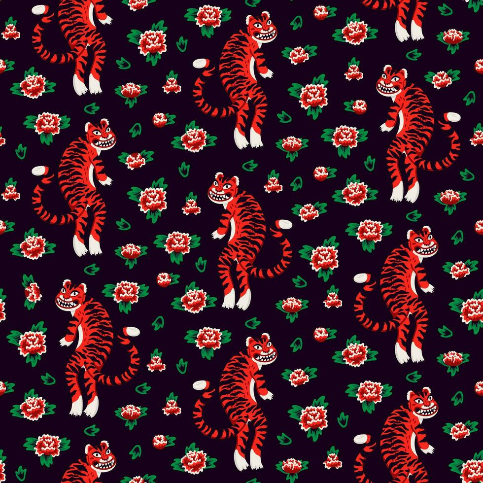 Tiger seamless pattern, vector animal print with cute tigers, and Chinese roses. Organic flat style vector illustration.