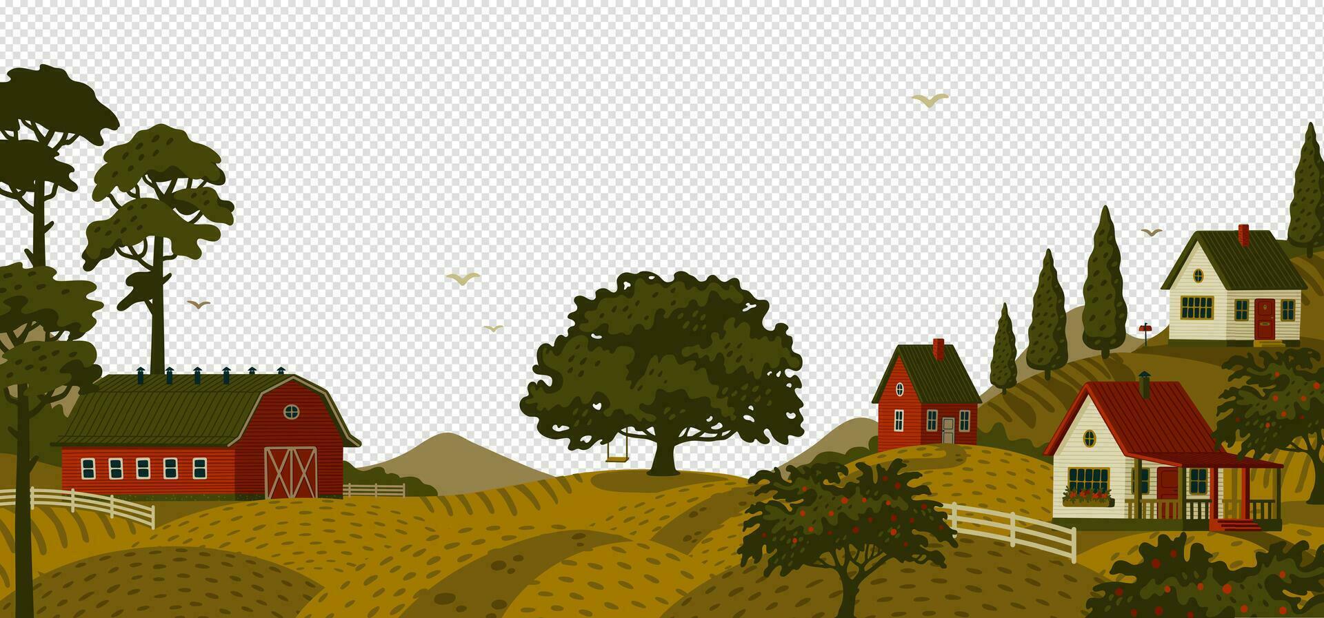 Rural landscape. Panoramic landscape with village and trees. vector