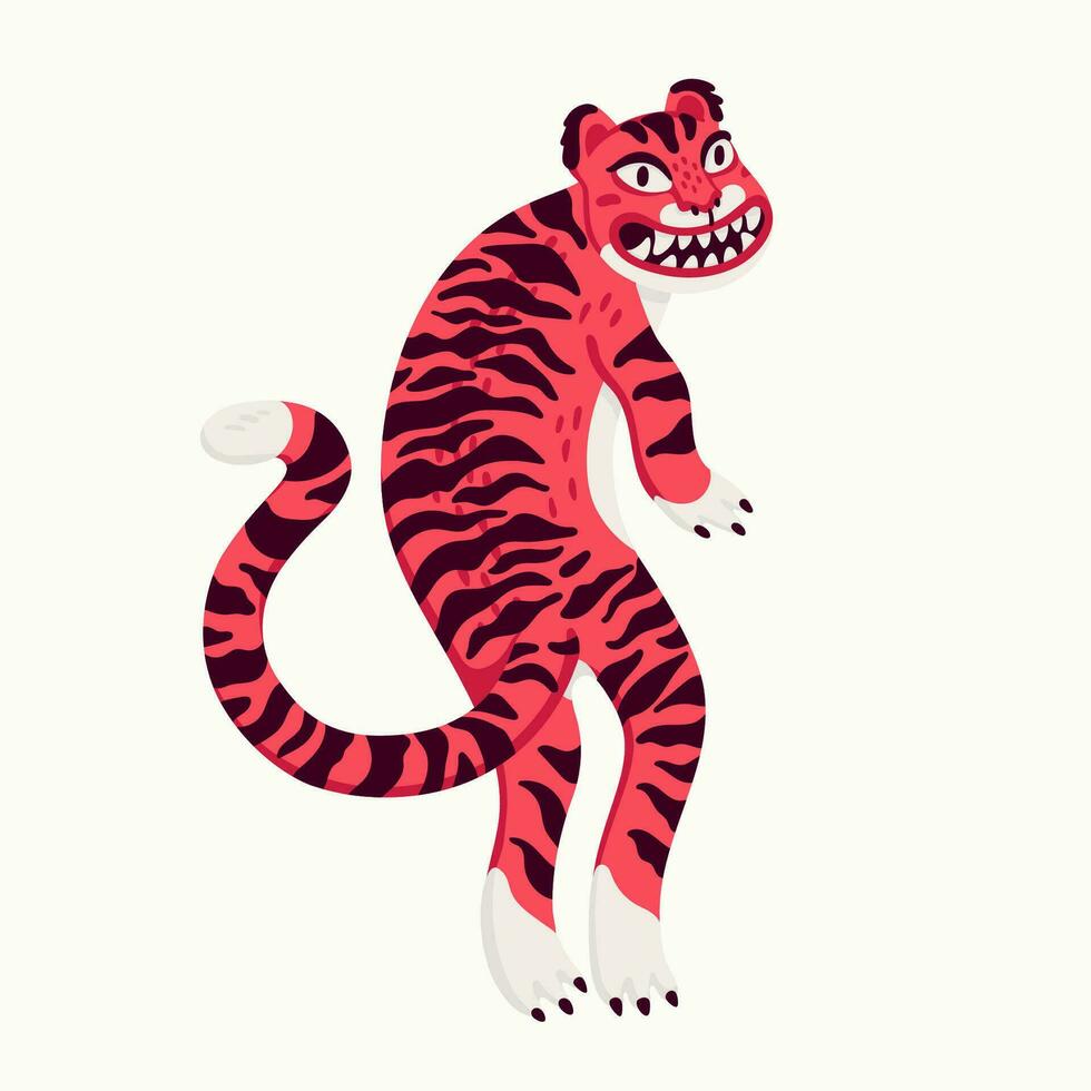 Tiger vector illustration, funny cartoon pink tiger from the back. Organic flat style vector illustration on white background.