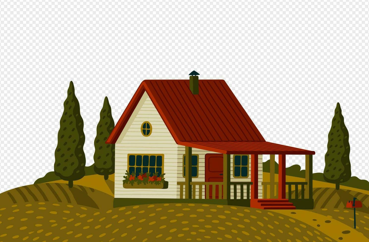 Countryside landscape. Rural landscape with white suburb house in rustic style on green field with cypresses vector