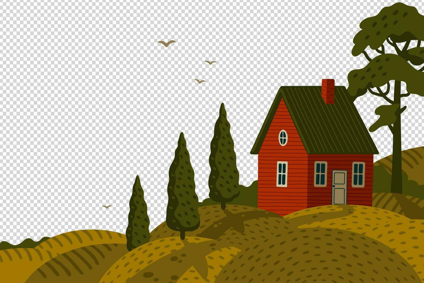 Red farm house. Rural landscape with Barn house in rustic style on green field with cypresses vector