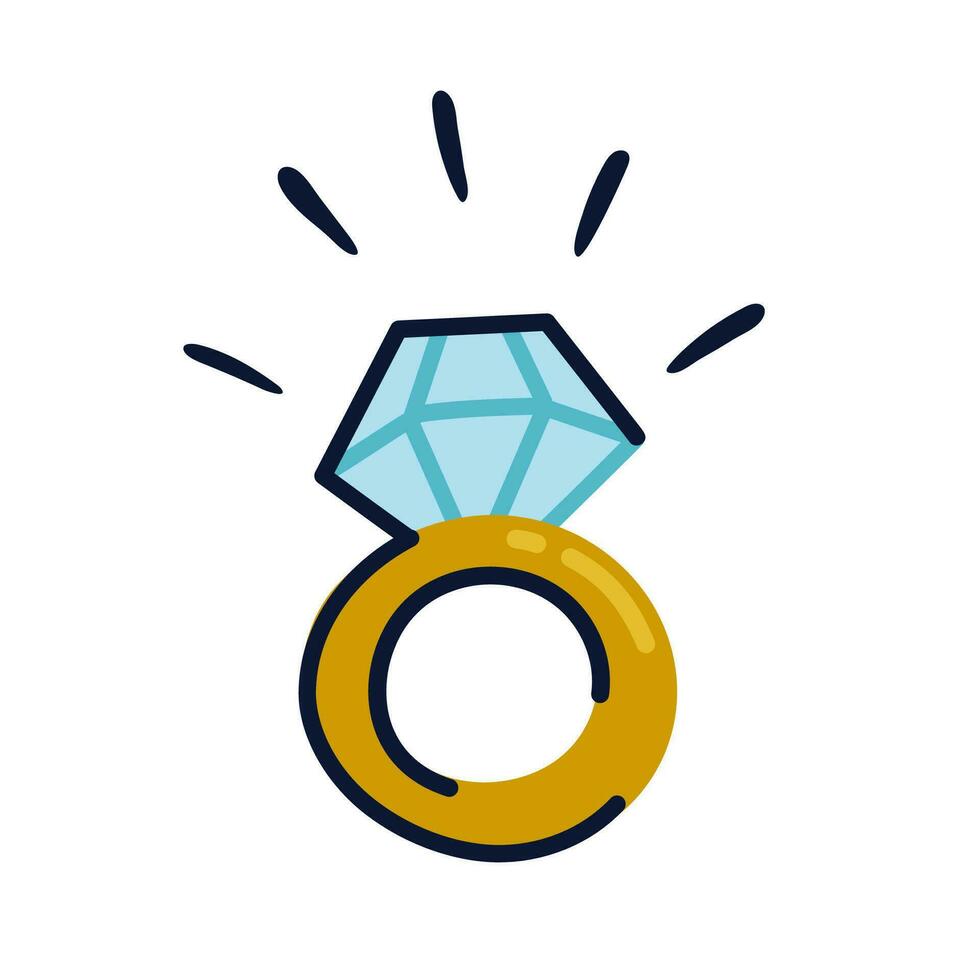 Golden engagement ring icon in flat style. Wedding ring with huge diamond isolated on white background. Flat cartoon style vector illustration.
