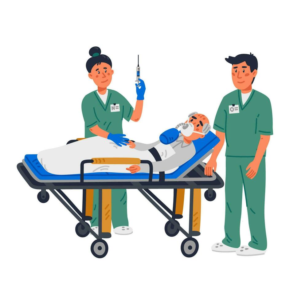Social workers walking with grandmother in a wheelchair. Nursing home. Senior people healthcare assistance flat Vector illustration.