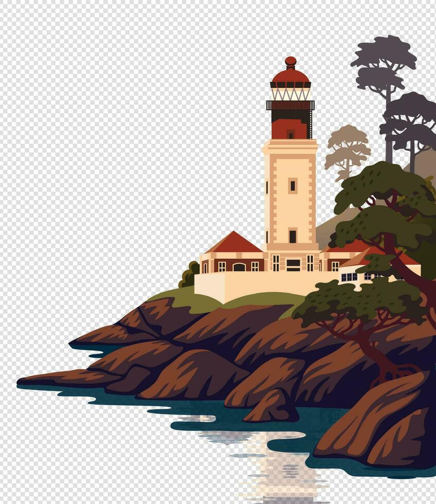 Lighthouse vector landscape. Beautiful sea landscape with a beacon on the cliff on transparent background. Vector illustration in flat cartoon style