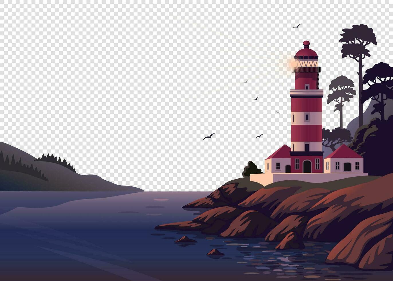 Lighthouse vector landscape. Beautiful sea landscape with a beacon on the cliff on transparent background. Vector illustration in flat cartoon style
