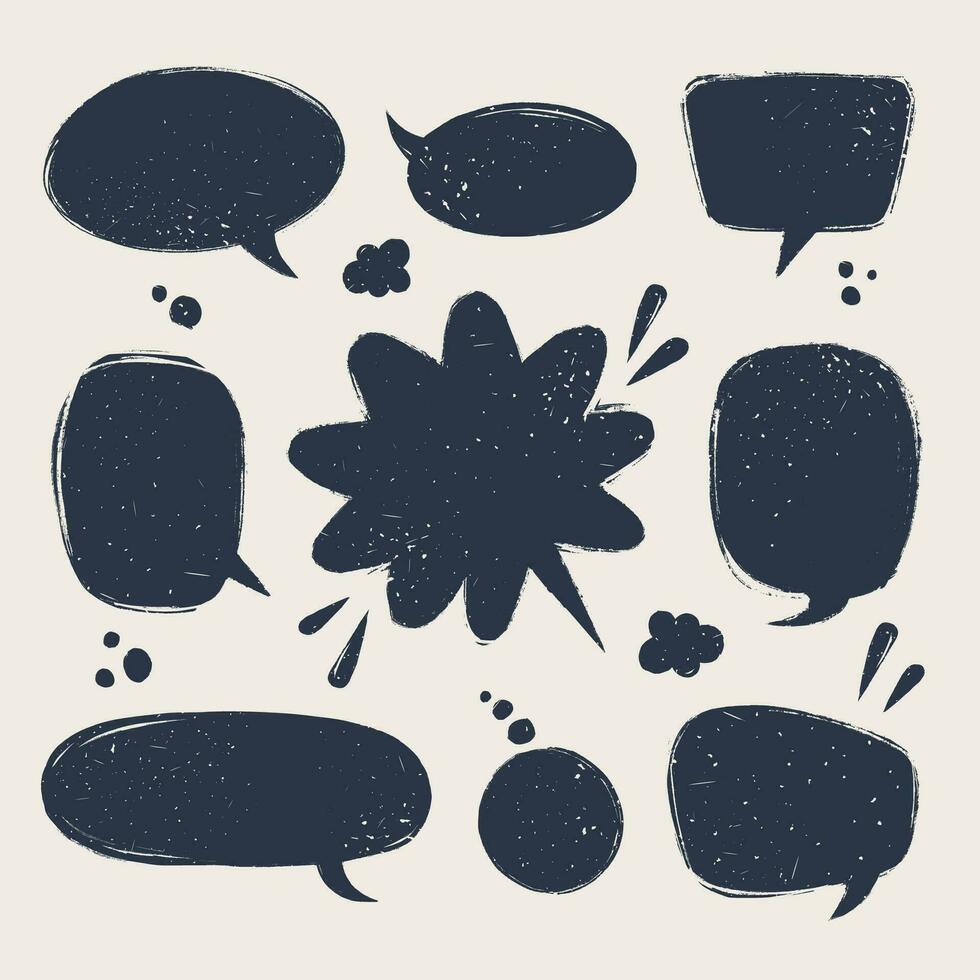 Speech bubbles set. Various talk balloon shapes in vintage style with grunge texture. Hand-drawn infographic Vector collection.