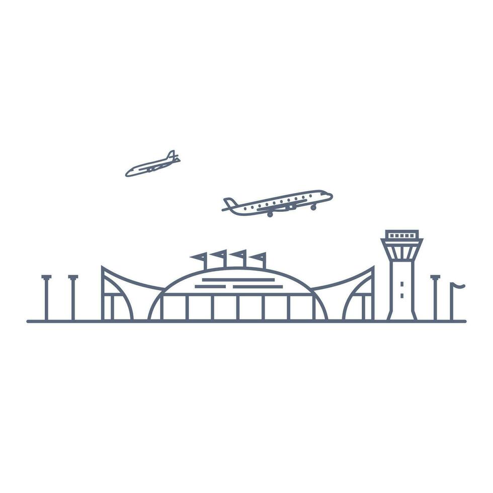 aeropuerto línea vector icono - aeropuerto terminal edificio y aviones lineal pictograma aislado en blanco antecedentes. vector ilustración.