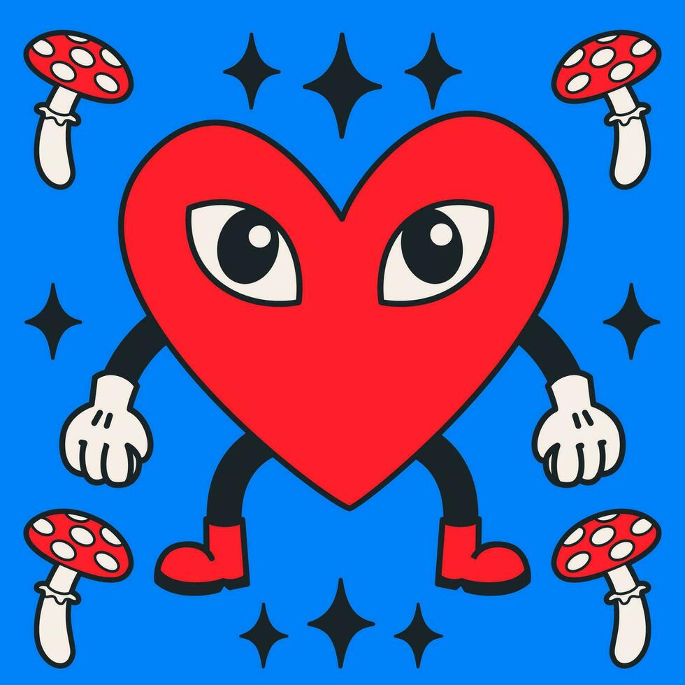 Cartoon vector funny cute Comic characters, heart with mushrooms.