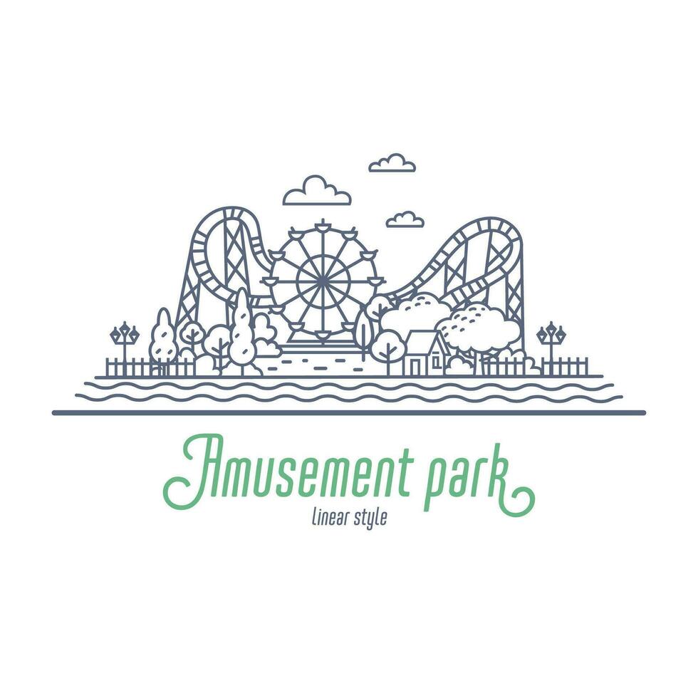 Amusement park thin line vector illustration. Ferris wheel and roller coaster in the park. Outline style vector illustration on white background.