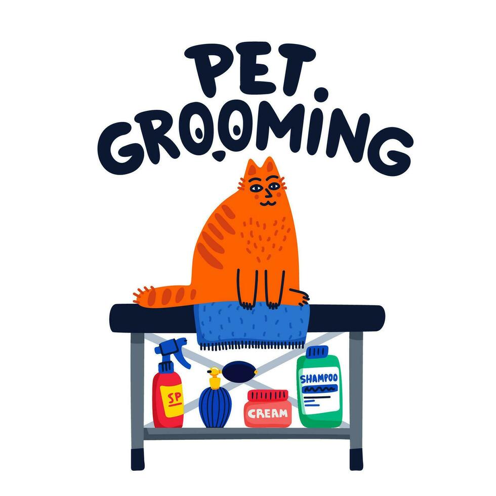 Pet grooming concept. Cat care, grooming, hygiene, health. Pet shop, accessories. Flat style vector illustration on white background.