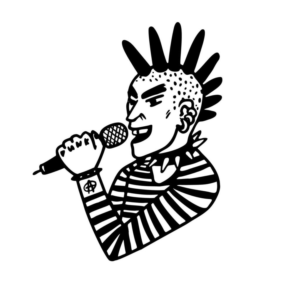 Punk rock collection. Portrait of a punk rocker guy singer with mohawk and microphone on white background. Vector illustration.