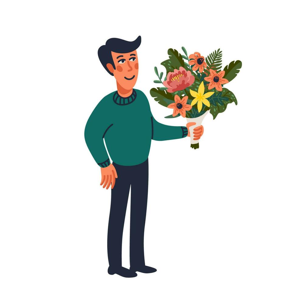 Man holding flower bouquet. Vector illustration in flat cartoon style on white background.