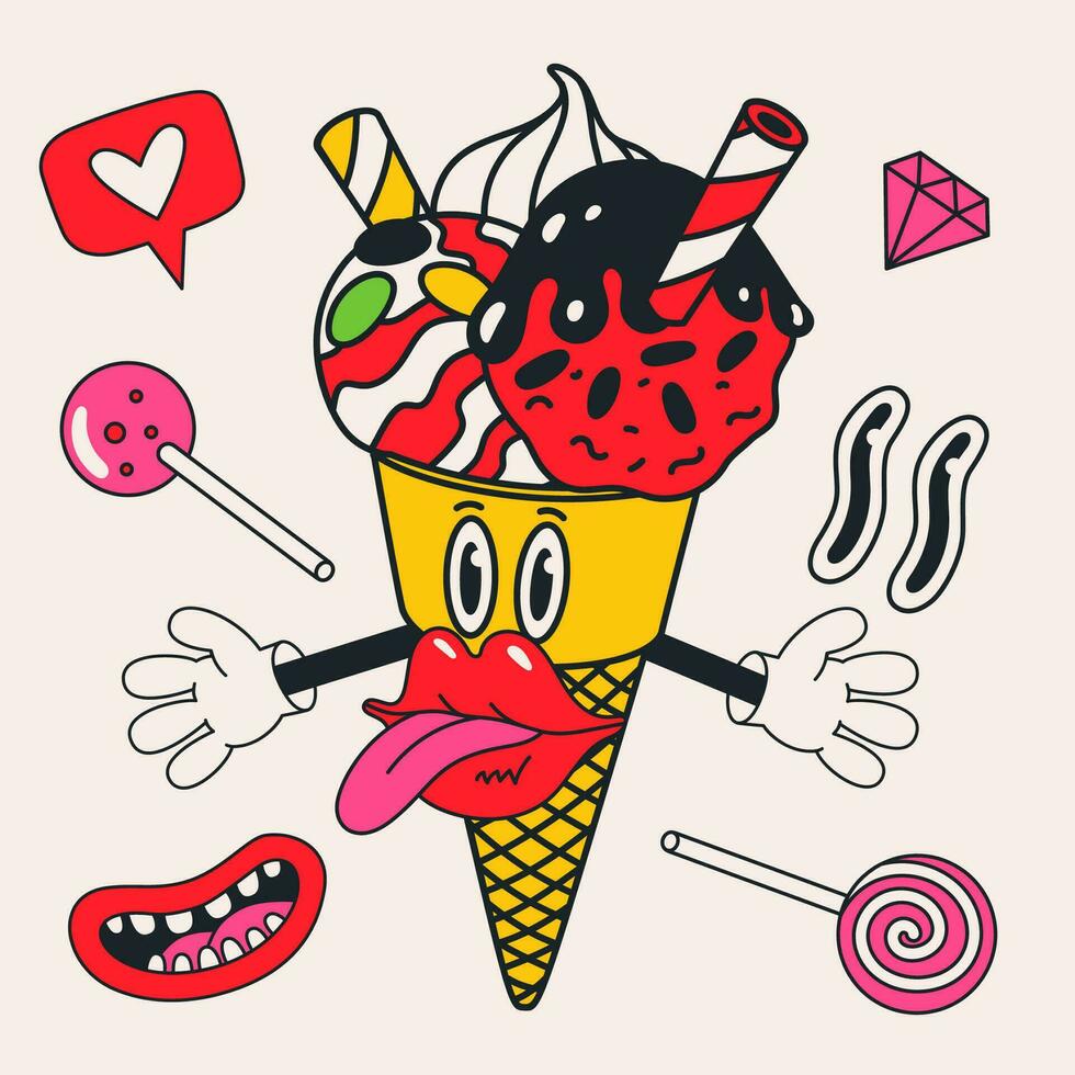 Cartoon vector funny cute ice crem cone, Comic characters.