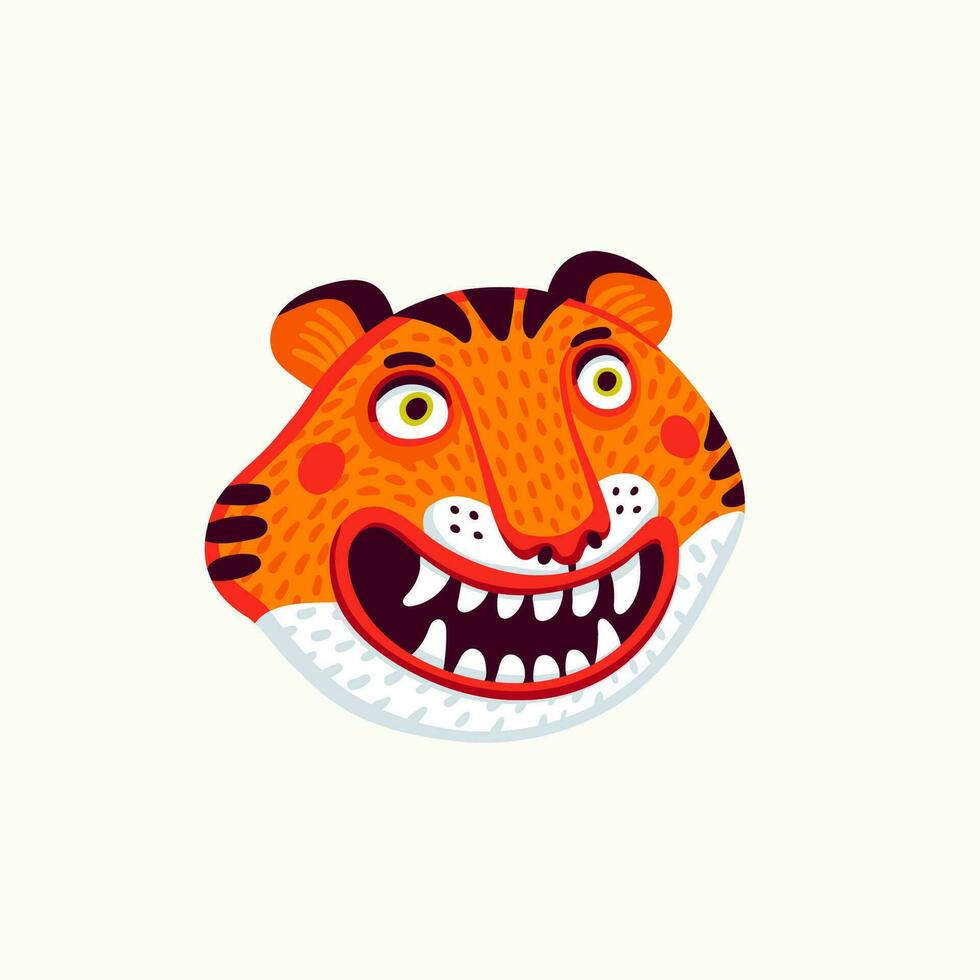 Tiger vector head, cartoon tiger funny face on white background. Organic flat style vector illustration