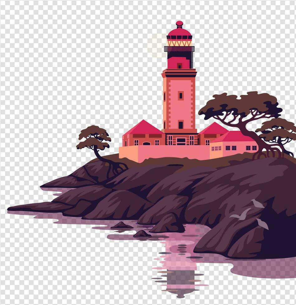 Lighthouse - vector landscape. Sea landscape with beacon on the cliff at night. Vector horizontal illustration in flat cartoon style