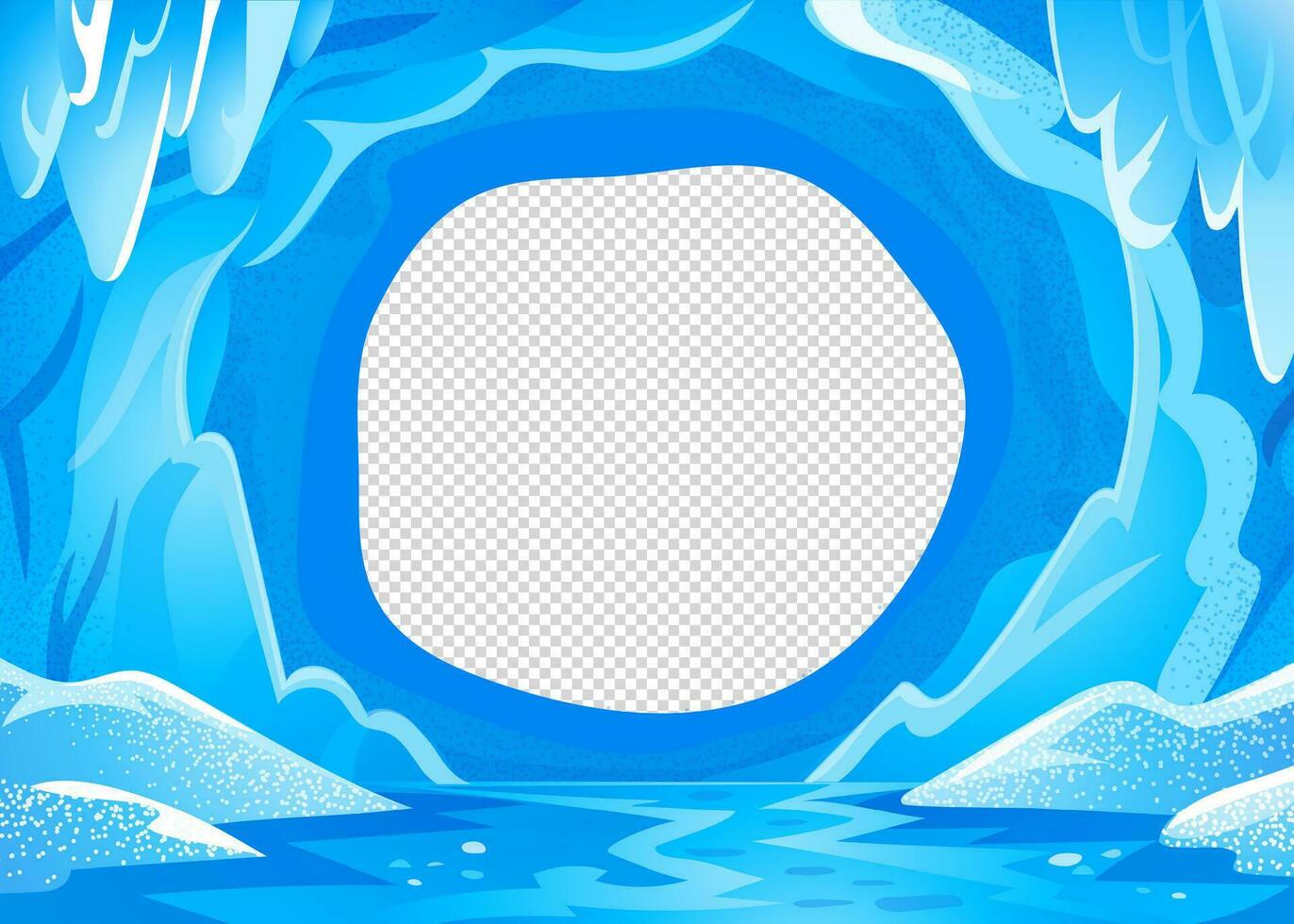 Ice cave landscape. Blue snowy winter background - Panoramic landscape with frozen icy cavern. Vector illustration in flat cartoon style.