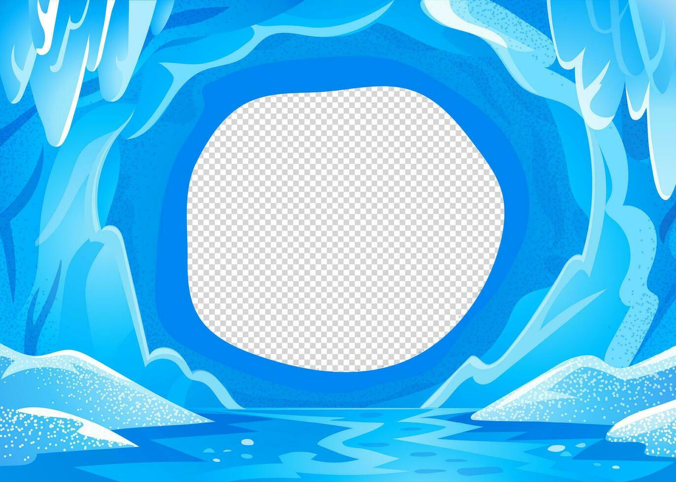 hielo cueva paisaje. azul Nevado invierno antecedentes - panorámico paisaje con congelado glacial caverna. vector ilustración en plano dibujos animados estilo.