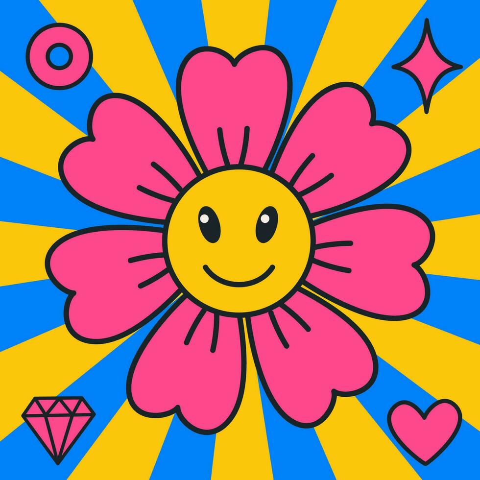 Cartoon vector funny cute Comic characters, acid flower
