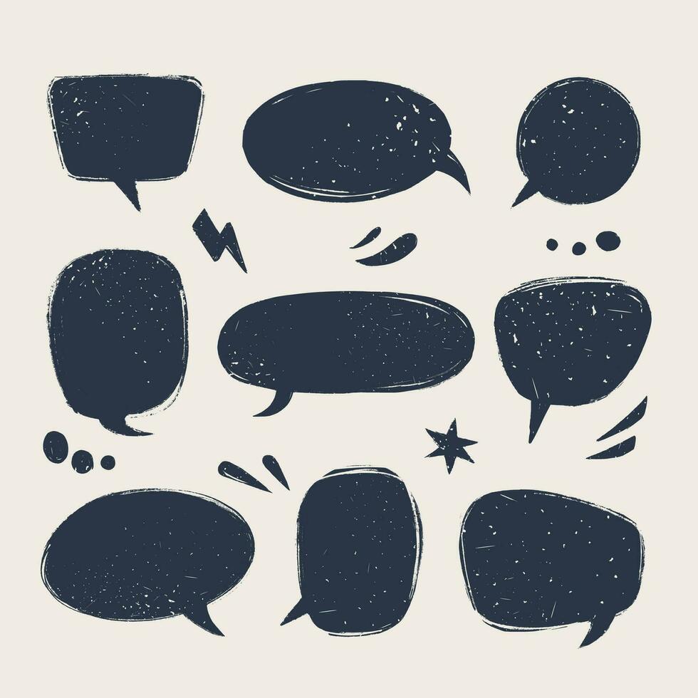 Speech bubbles set. Various talk balloon shapes in vintage style with grunge texture. Hand-drawn infographic Vector collection.