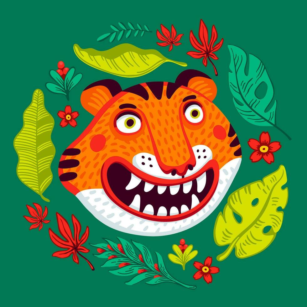 Tiger vector head, cartoon tiger funny face in tropical flowers and leaves wreath frame. Organic flat style vector illustration.