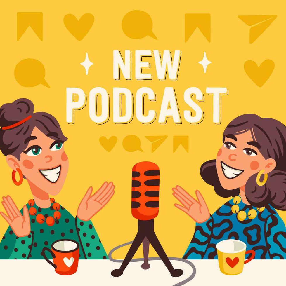 Podcast cover concept. Two joyful girls recording audio podcast or online show vector flat illustration.