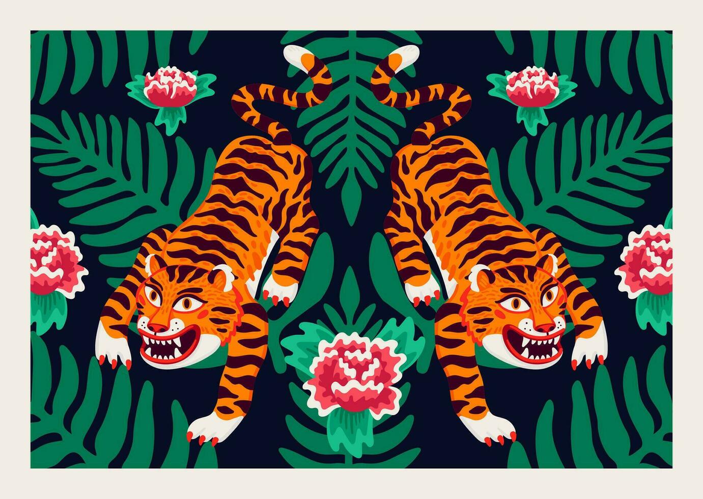 Tiger poster, vector tigers, and palm leaves and flowers in cartoon asian style. Organic flat style vector illustration