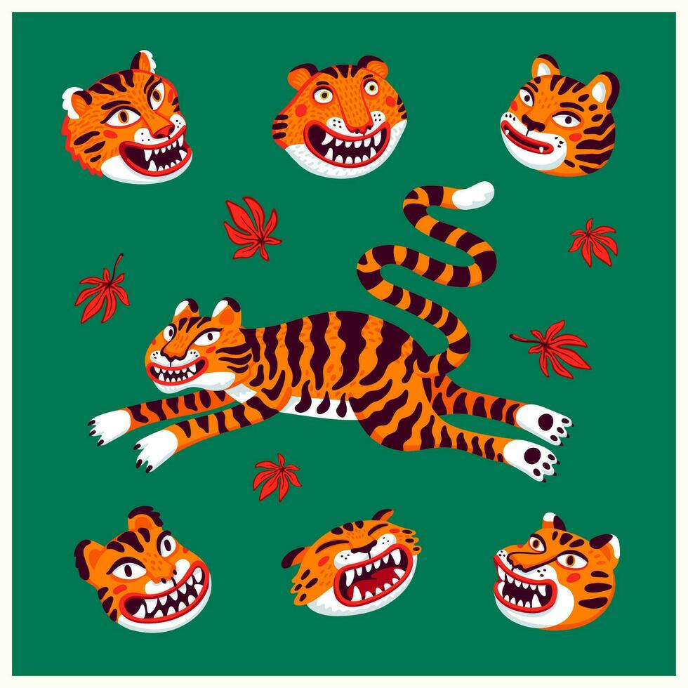 Tiger vector set, jumping tiger and tiger heads in cartoon Asian style. Organic flat style vector illustration..