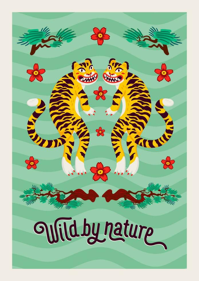 Asian Tiger symmetrical composition, vector tigers, and japanese pine branches and flowers in cartoon asian style. Organic flat style vector illustration.