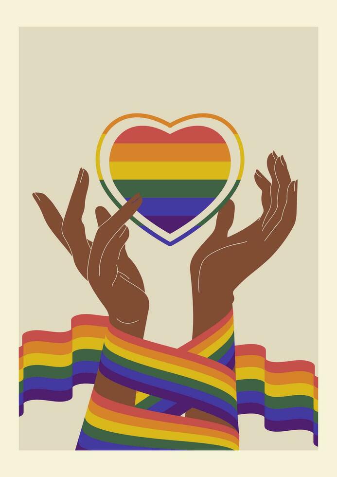 Hand holding rainbow heart on lgbt flag colours, pride month poster. vector