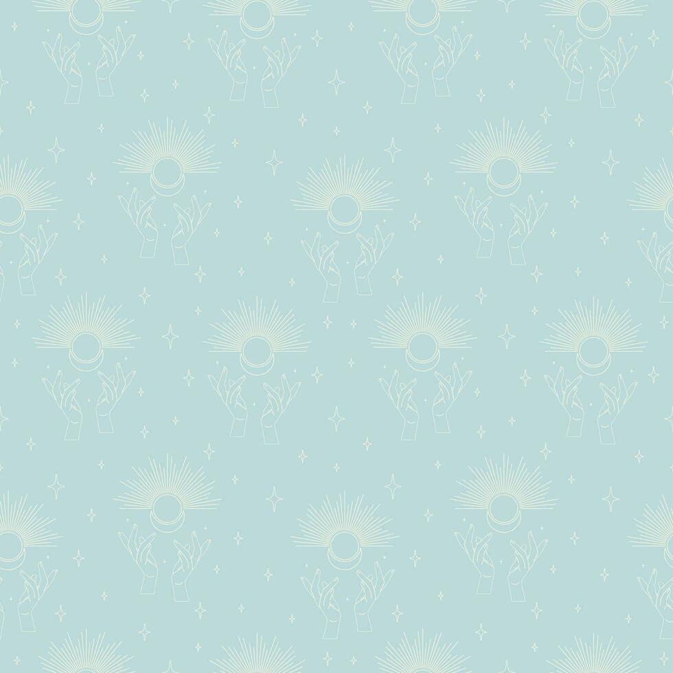 Blue seamless vector pattern of astrology mystic elements. Outer space
