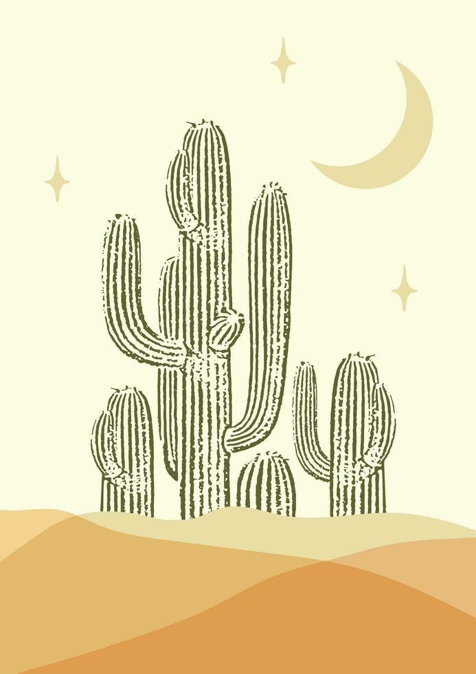 Abstract contemporary aesthetic night desert landscape with saguaro cactus. vector