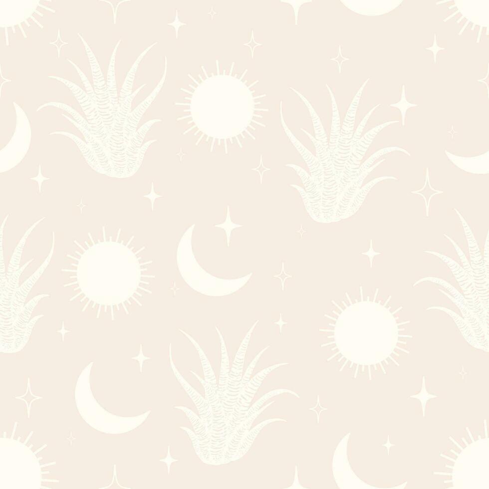 Seamless aesthetic pattern with blossom cactus on desert. vector