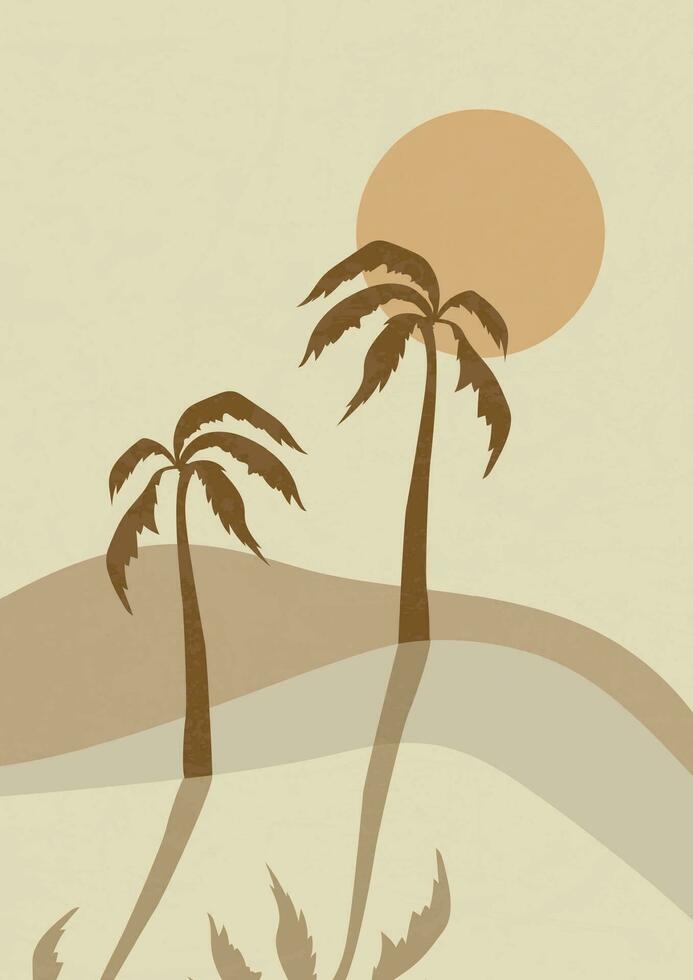 Oasis landscape, dunes and palms minimalist illustration. vector