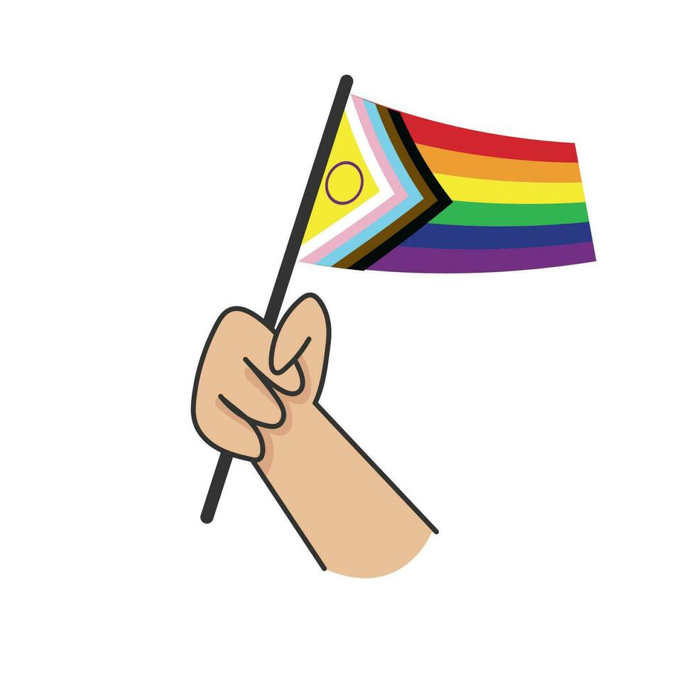 Hand holding lgbt rainbow flag. Cartoon arm doodle holding Pride symbol. Gender diversity representation. vector